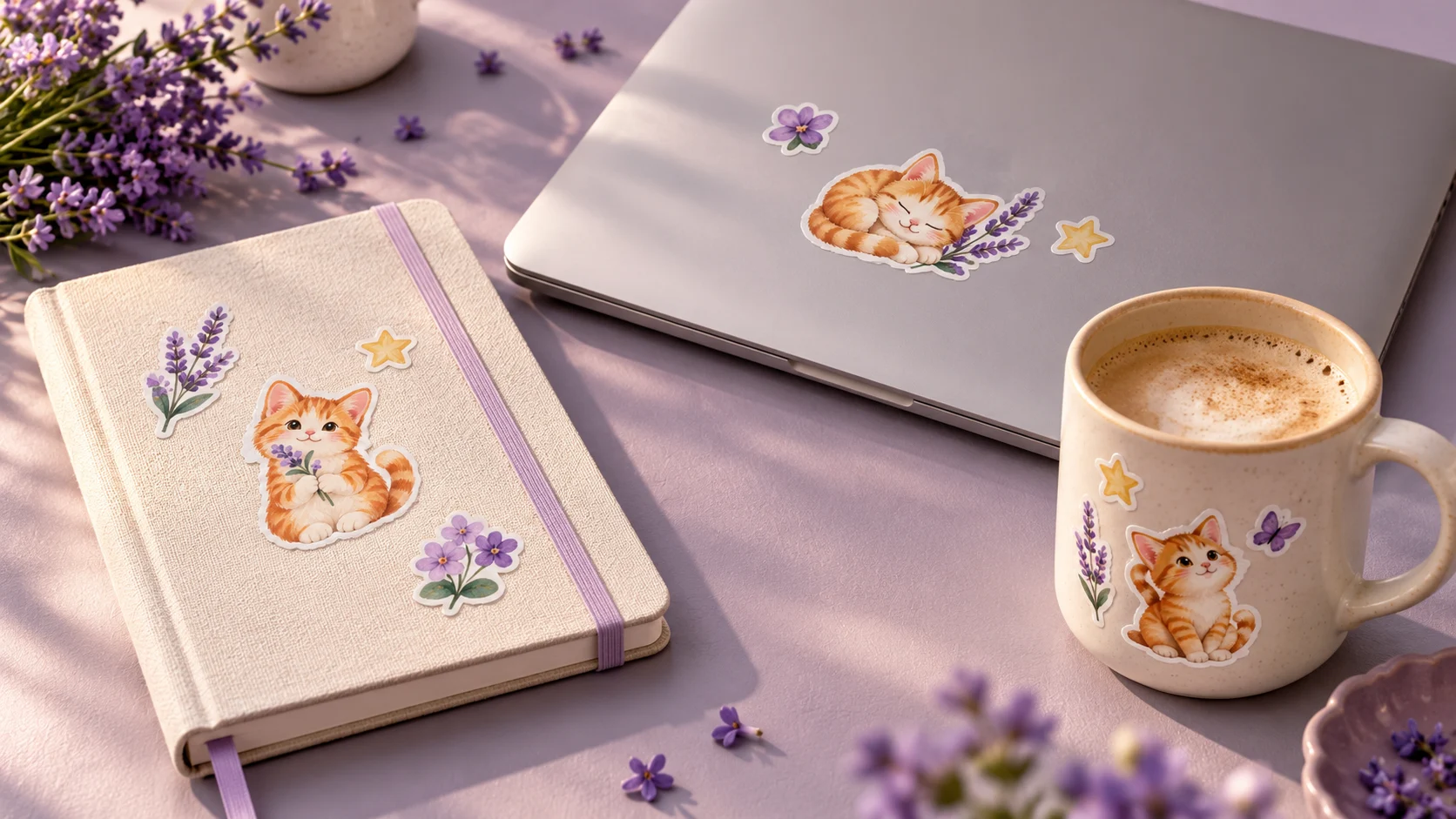 A lavender desk with a notebook, laptop, and ceramic mug decorated with original cat and flower stickers